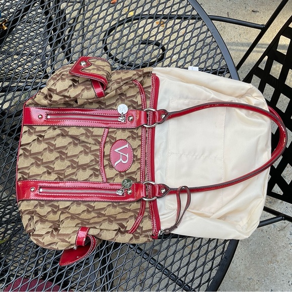 Gorgeous Red & Tan Silver Hardware & Zippers Double Handle Victoria Roberts Bag! - Picture 15 of 16